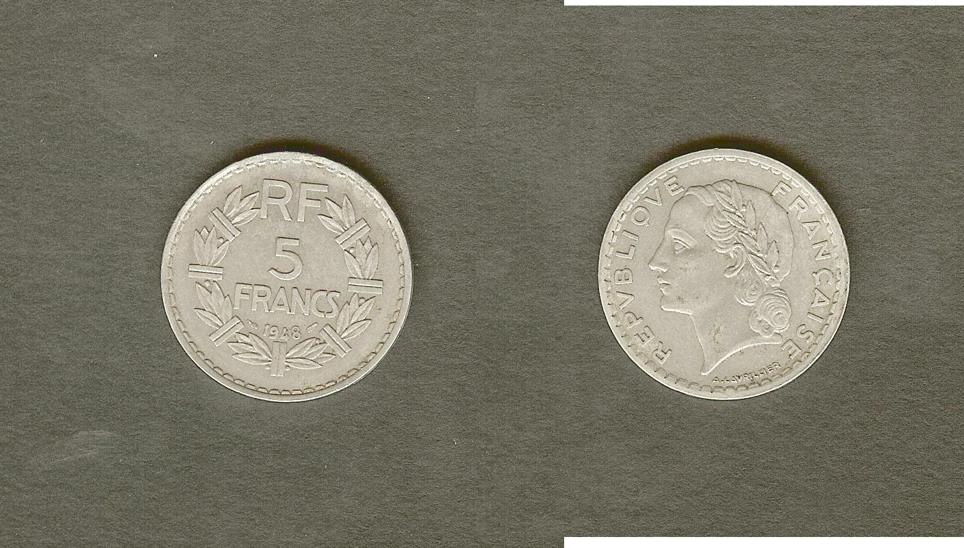 5 francs Lavrillier, aluminium, 9 fermé 1948 TTB+